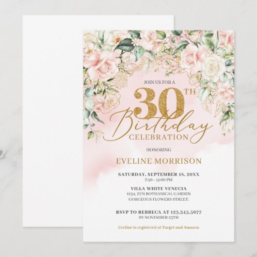 Fijne lichtroze rozen groen goud 30e verjaardag kaart (Voorkant / Achterkant)