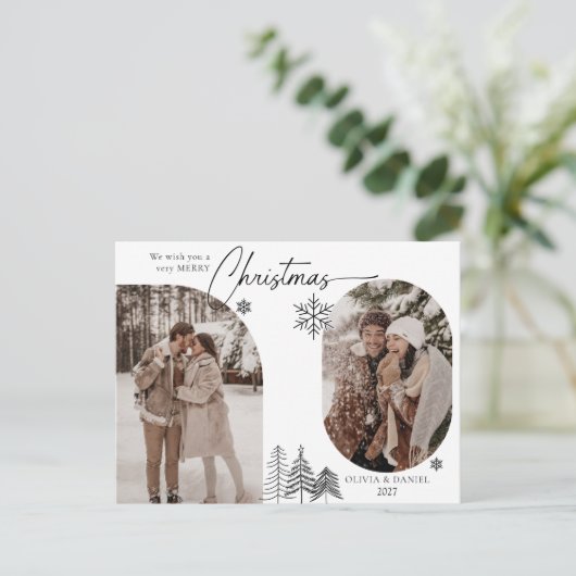 Fijne lijn dennenboom gebogen 2 foto zwart kerst feestdagenkaart (Staand voorkant)