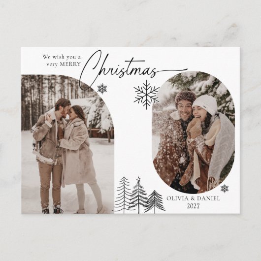 Fijne lijn dennenboom gebogen 2 foto zwart kerst feestdagenkaart (Voorkant)