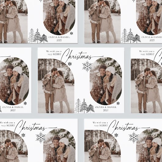 Fijne lijn dennenboom gebogen 2 foto zwart kerst feestdagenkaart