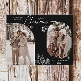 Fijne lijn dennenboom gebogen 2 foto zwart kerst feestdagenkaart