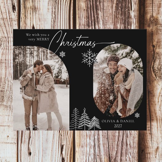 Fijne lijn dennenboom gebogen 2 foto zwart kerst feestdagenkaart