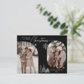 Fijne lijn dennenboom gebogen 2 foto zwart kerst feestdagenkaart (Staand voorkant)