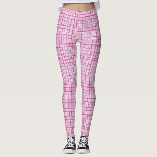 Fijne lijnen Geruite patroon C09.pink op offwhite Leggings (Voorkant)