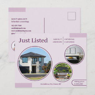 Fijne lijnen Just Listed Vastgoedmakelaar Roze Briefkaart