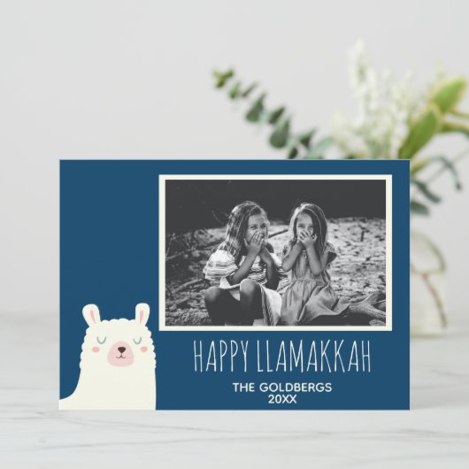 Fijne Llamakkah Blauwe Hanukkah Llama Lieve Foto Feestdagenkaart (Staand voorkant)