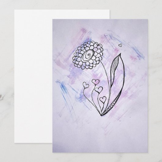 Fijne met de hand getekende bloem met harten feestdagenkaart (Voorkant / Achterkant)