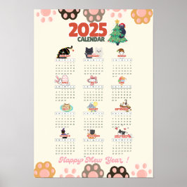 Fijne Mieuw Jaar 2025 muurkalender voor kattenlief Poster