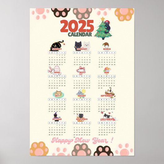 Fijne Mieuw Jaar 2025 muurkalender voor kattenlief Poster (Voorkant)