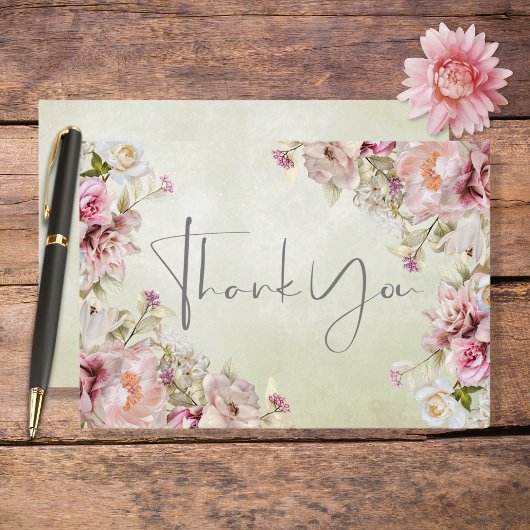 Fijne Moderne Roze Blush Roos & Lily Green Bedankkaart