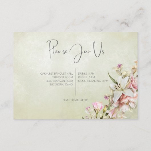 Fijne Moderne Roze Blush Roos & Lily Green Informatiekaartje (Achterkant)