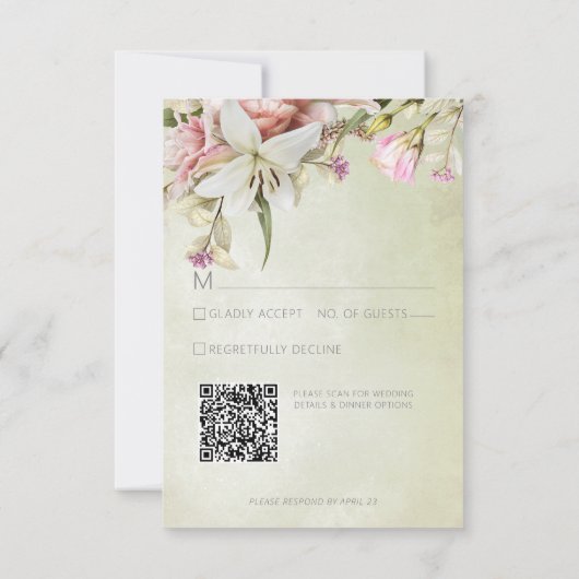 Fijne Moderne Roze Blush Roos & Lily Green RSVP Kaartje (Achterkant)