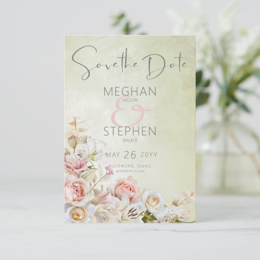 Fijne Moderne Roze Blush Roos & Lily Green Save The Date (Staand voorkant)