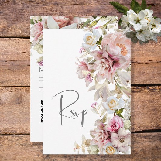 Fijne Moderne Roze Blush Roos & Lily Wedding RSVP Kaartje