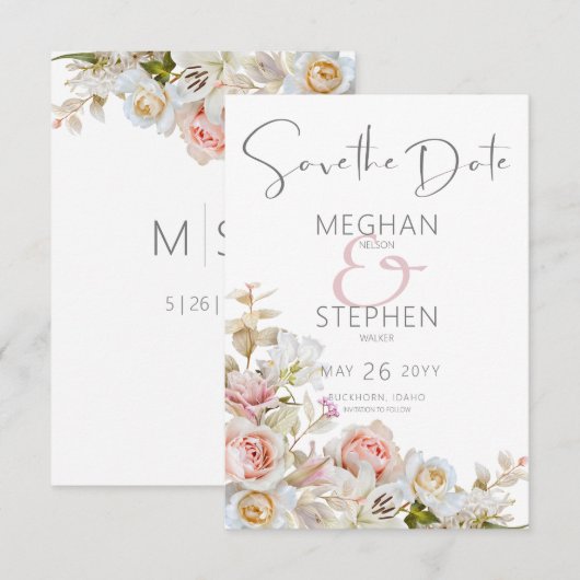 Fijne Moderne Roze Blush Roos & Lily Wedding Save The Date (Voorkant / Achterkant)