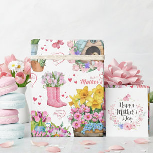 Fijne Moederdag Bloemrijke Lente Patroon Cadeaupapier