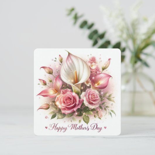 Fijne Moederdag Calla Lelieën en Rozen Feestdagenkaart (Staand voorkant)