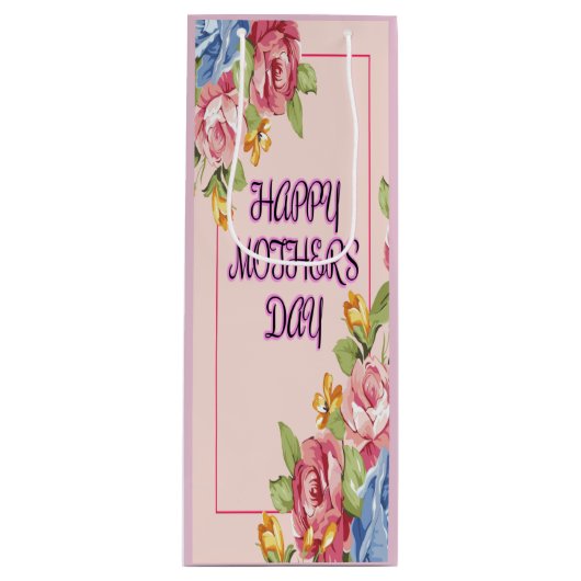 Fijne Moederdag met bloemen Wijn Cadeautas (Voorkant)