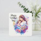 Fijne Moederdag Moeder en kind met bloemen Feestdagenkaart (Staand voorkant)