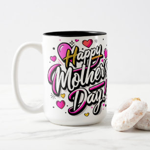 Fijne Moederdag Neon Roze Harten - Modern Plezier  Tweekleurige Koffiemok