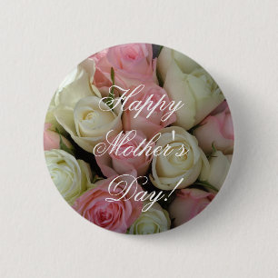 Fijne Moederdag of Jouw tekst Rozen Roze Wit Ronde Button 5,7 Cm