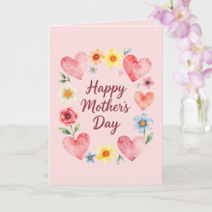 Fijne Moederdag Roze Harten en Bloemen Kaart