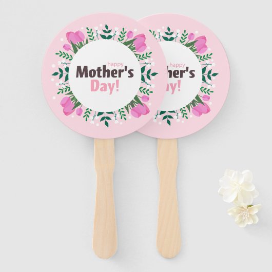 Fijne Moederdag Roze Tulpen Handwaaier (Voorkant en achterkant)