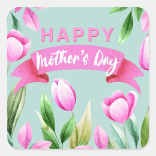 Fijne moederdag roze tulpenbanner vierkante sticker