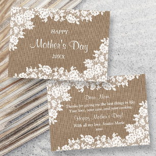 Fijne Moederdag   Rustic Jute & Witte Kant Kaart