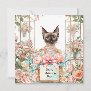 Fijne Moederdag Siamese Kat Bloemen Schikkend Feestdagenkaart