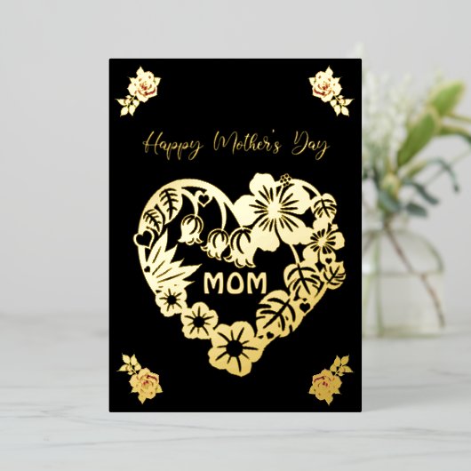Fijne Moedersdag Mama Goud Folie en Rozen Folie Feestdagenkaart (Staand Voorkant)