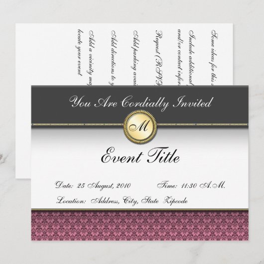 Fijne op maat gemaakte monogram formele uitnodigin kaart (Voorkant / Achterkant)