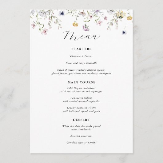 Fijne Paarse Wilde Bloem Huwelijksmenu Menu (Voorkant)