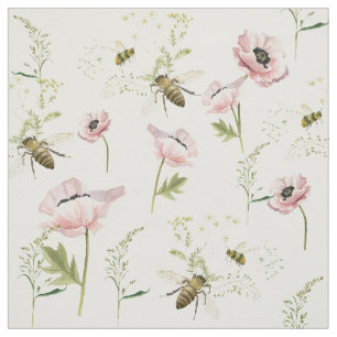 Fijne papavers, bijen, wilde bloemen waterverf stof