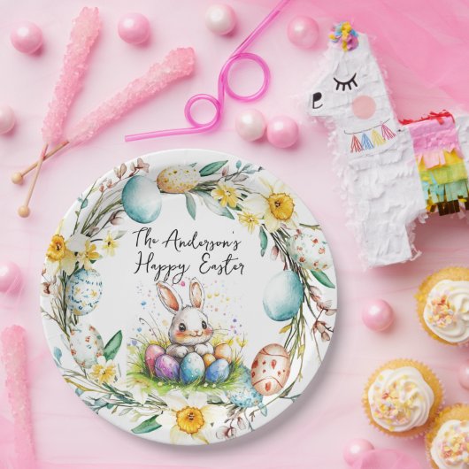 Fijne Pasen banny en bloemenPasen Papieren Bordje (Feest)
