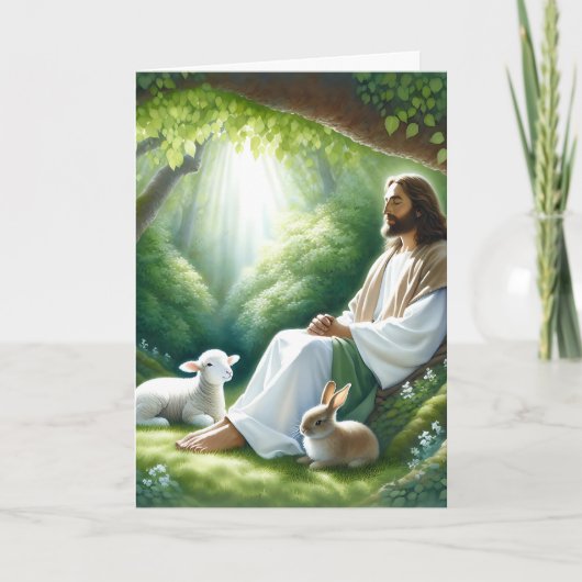 Fijne Pasen | Jezus zit met lammetjes en konijntje Kaart (Voorkant)