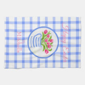 Fijne Pasen Waterverf Tulpen Blauw Geruit Theedoek (Horizontaal)