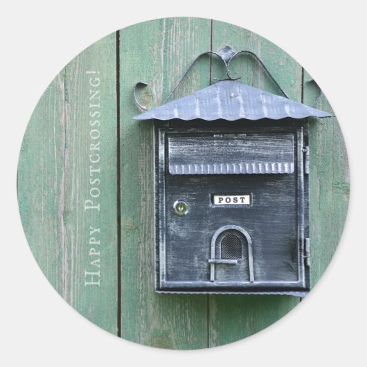 Fijne Postcrossing! Postvak. Ronde Sticker (Voorkant)