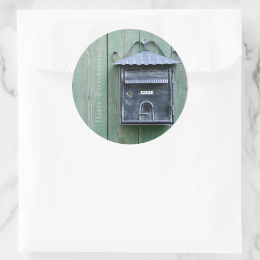 Fijne Postcrossing! Postvak. Ronde Sticker (Tas)