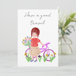 Fijne reis, briefkaart. Cartoon meisje met een bi Feestdagenkaart