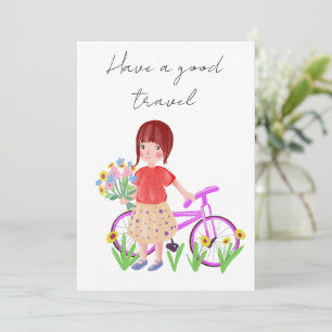 Fijne reis, briefkaart. Cartoon meisje met een bi Feestdagenkaart