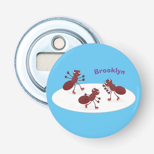 Fijne rode mieren schaatsen cartoon button flesopener (Voorkant)