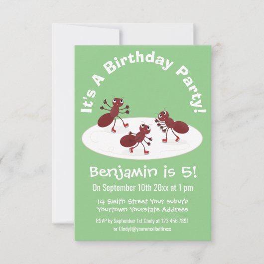 Fijne rode mieren schaatsen cartoon kaart (Voorkant)