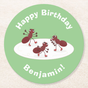Fijne rode mieren schaatsen cartoon ronde kartonnen onderzetter