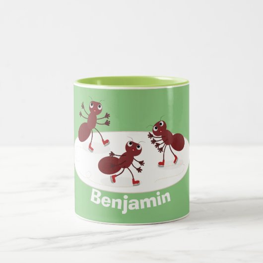 Fijne rode mieren schaatsen cartoon tweekleurige koffiemok (Center)