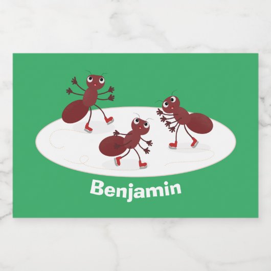 Fijne rode mieren schaatsen cartoon voedselcontainer etiket (Enkel label)