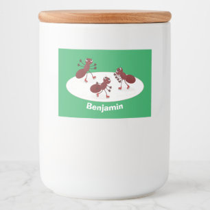 Fijne rode mieren schaatsen cartoon voedselcontainer etiket