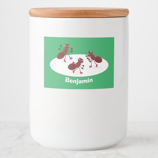 Fijne rode mieren schaatsen cartoon voedselcontainer etiket (Voorkant)