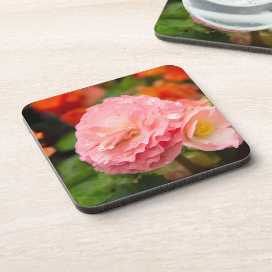 Fijne roze bloem na de regen bier onderzetter (Linkerzijde)