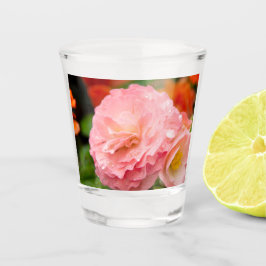 Fijne roze bloem na de regen shot glas